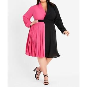 Ashley Stewart Pink Black Pleated Long Sleeve Dress Size 16